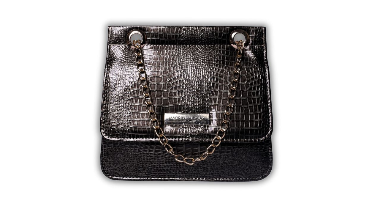 Metallic Croc-Embossed Shoulder Bag with Chain Strap