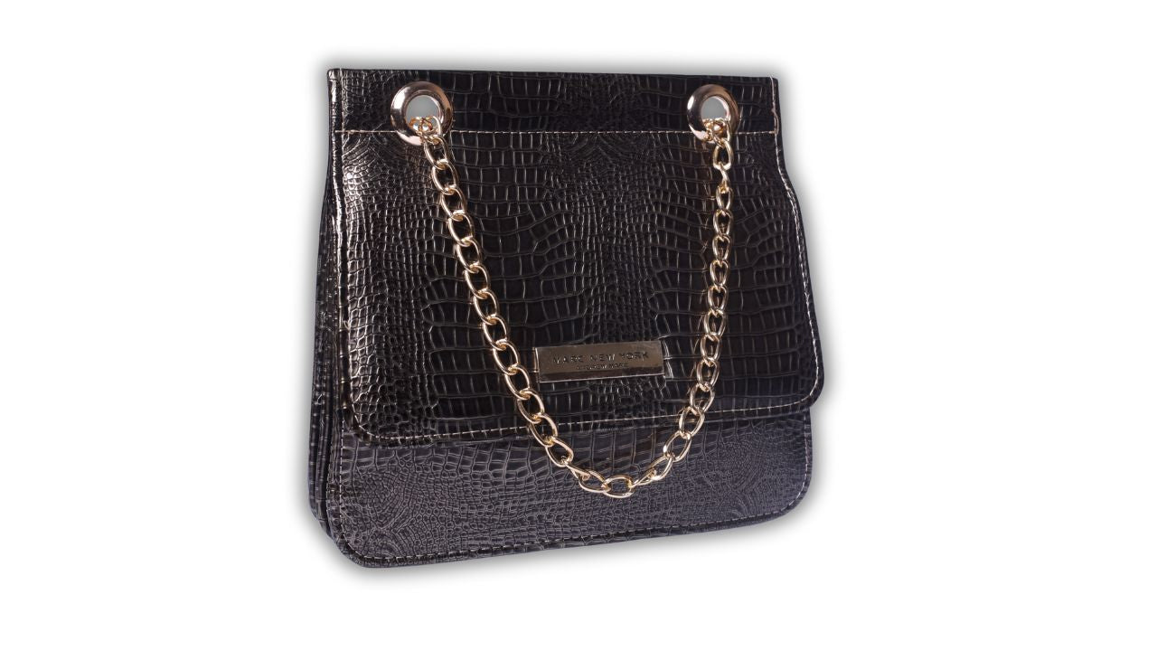 Metallic Croc-Embossed Shoulder Bag with Chain Strap