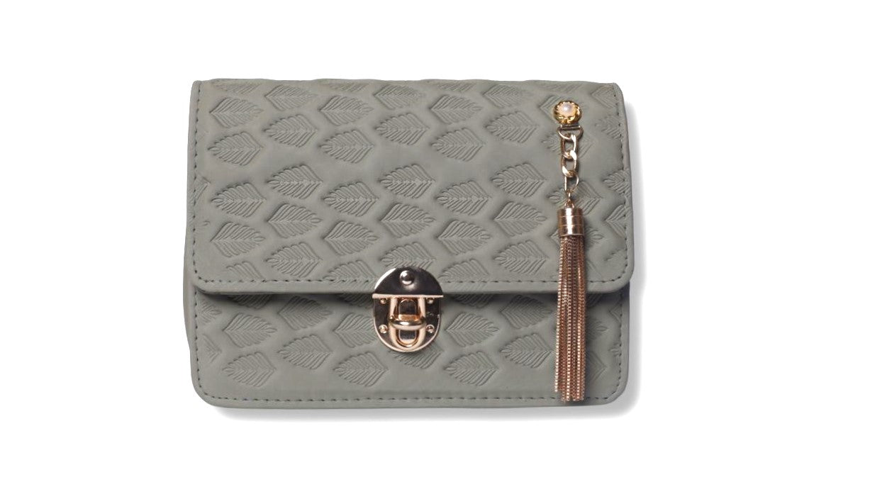 Embossed Leaf Pattern Mini Crossbody with Tassel Charm