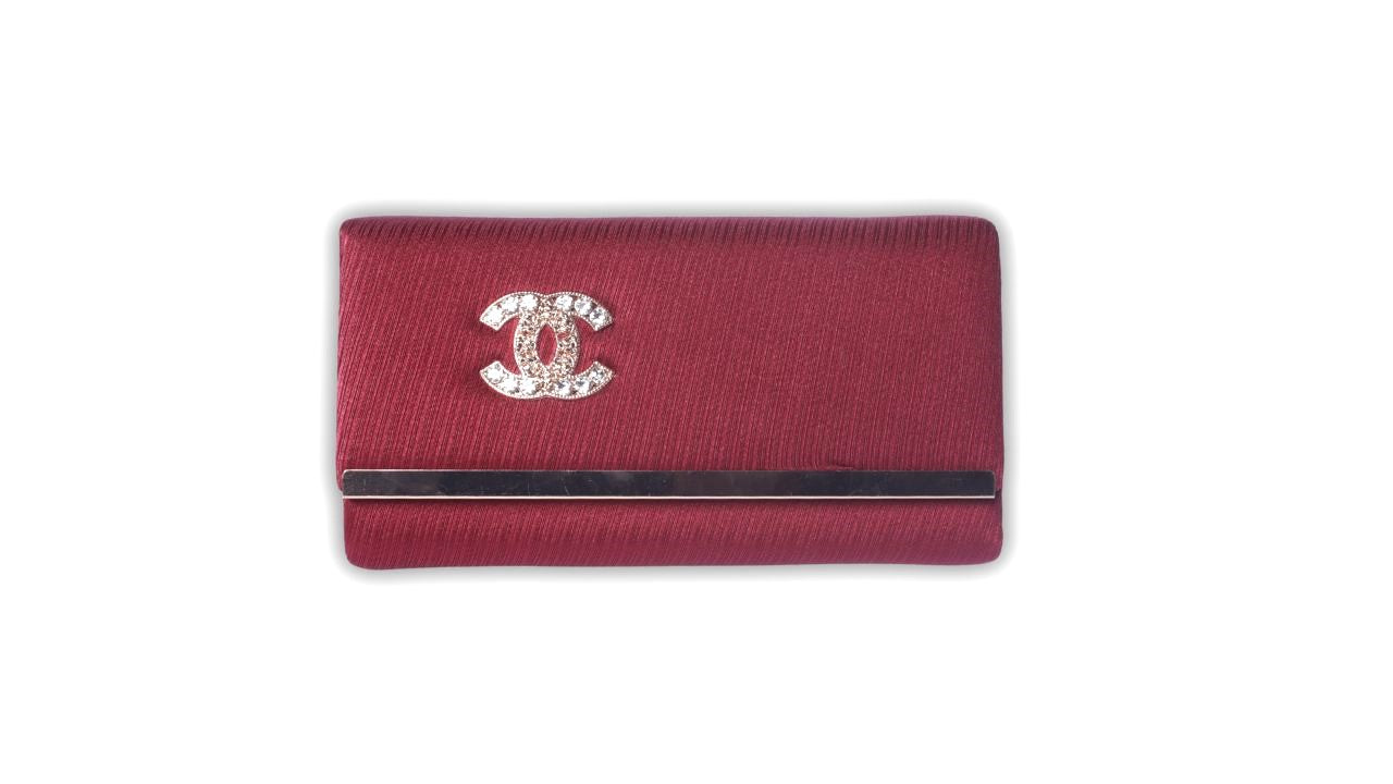 Elegant Burgundy Clutch with Crystal Logo Accent