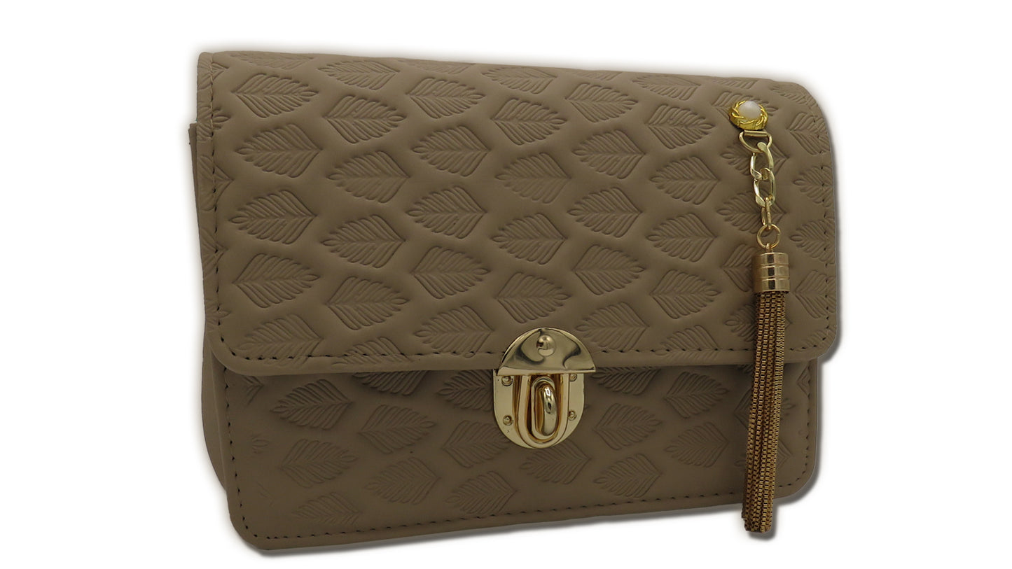 Embossed Leaf Pattern Mini Crossbody with Tassel Charm